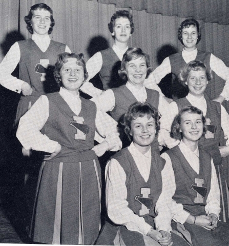 Ithaca High School Varsity Cheerleaders  1959-1960: 
Front - Barb Jones, Danilee Gorman 61.
Middle - Sally Yengo, Eloise Knight, Bev Upper.
Back - Christine Sweet, Sandy Young, Judy Shaw.