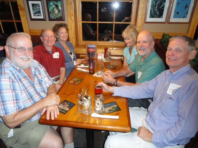 Chuck Moeder, Dave Wilson and spouse,Della,on the left. Keith Bruckner, Ed Thorsland and spouse,Sylvia,on the right. Theyre waiting for Fridays meal at RJ Gators.
